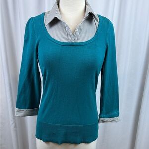 White House Black Market Turquoise Sweater with Faux Collar & Cuffs, Medium